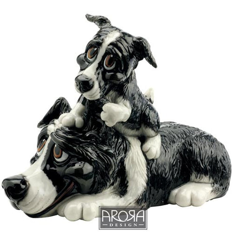 Figura de Piedra Ceramica Maciza Border Collie & Pup